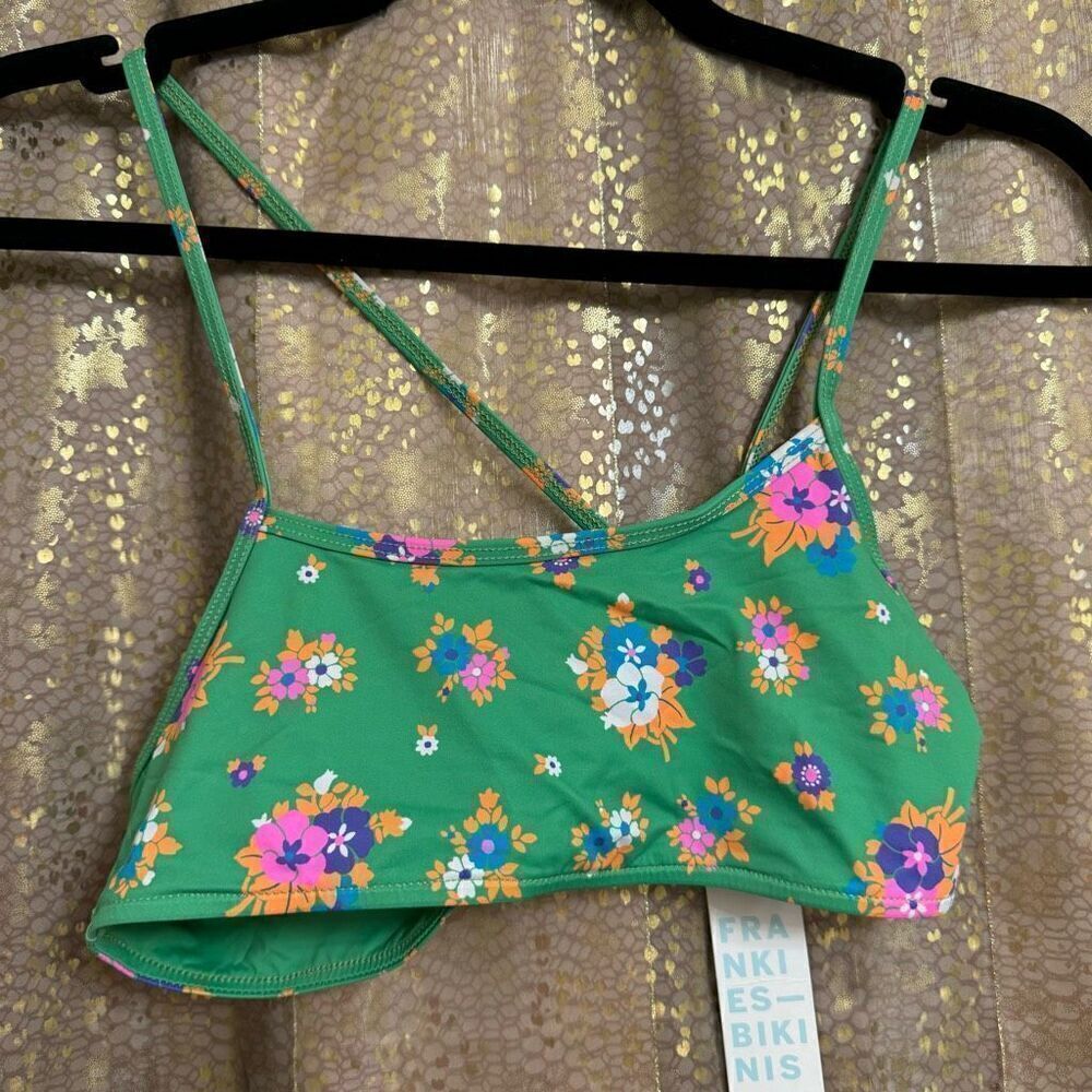 Frankie’s Bikinis Green Floral Oliver One Shoulder Bikini Top Meadow M NWT